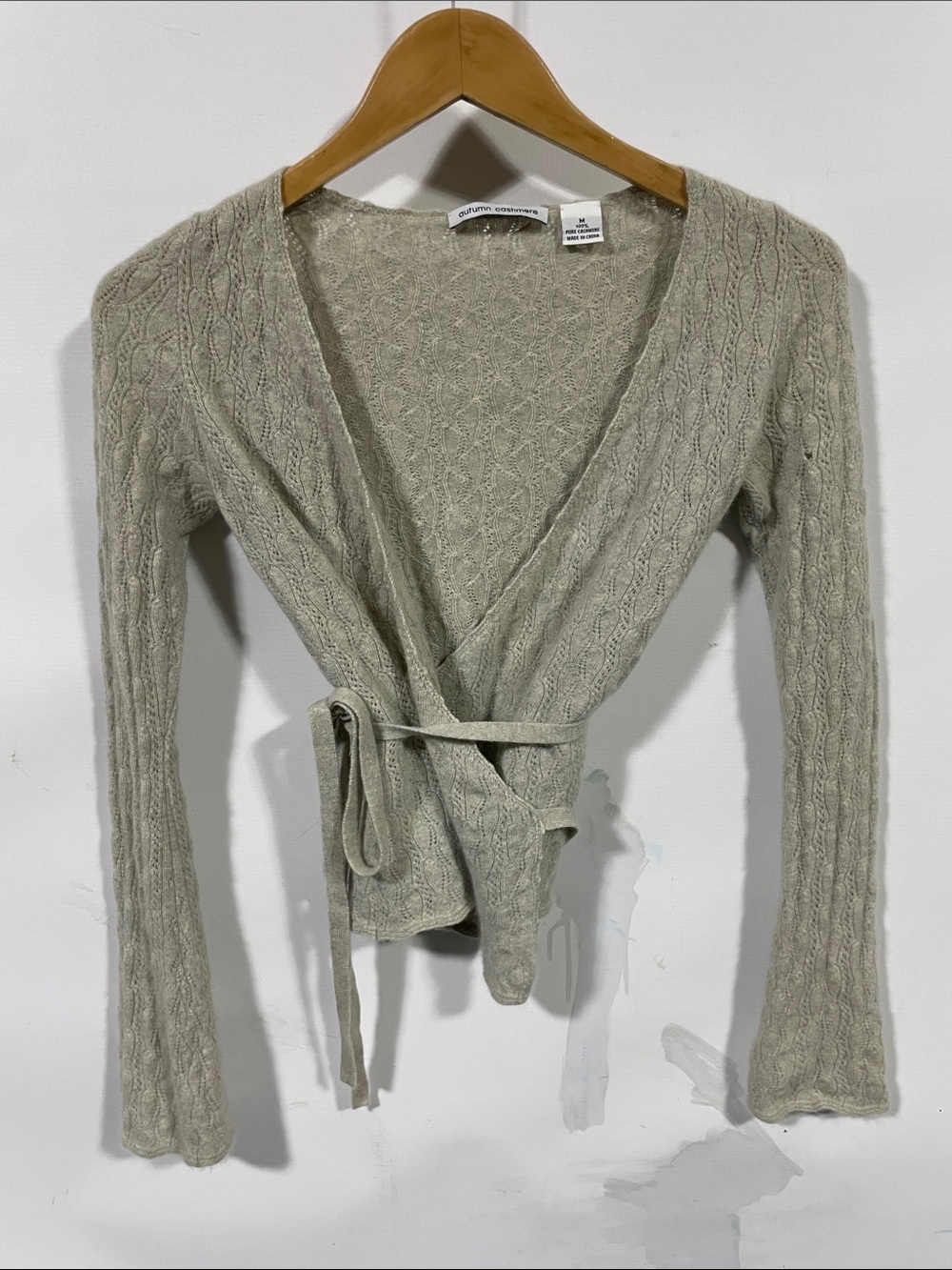Autumn Cashmere 100% Sage Cable-Knit Wrap Cardigan